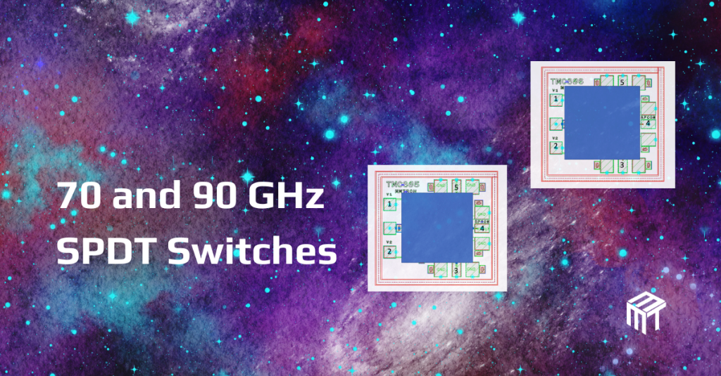 The 805D and 806D die layouts, partially obscured, are shown with a backdrop of the universe. The title says 70 and 90 GHz SPDT Switches